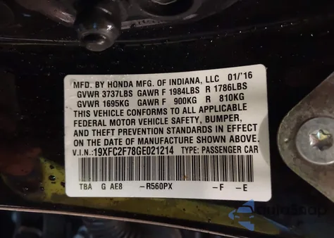 2016 Honda Civic Ex z USA, uszkodzony, nr VIN 19XFC2F78GE021214